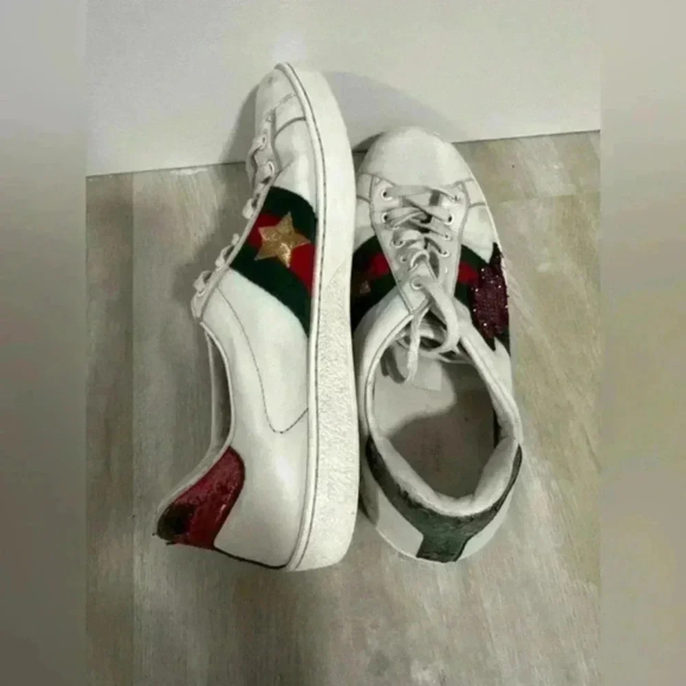 Gucci White Leather And‎ Crystal Embellished Lightning Bolt Ace Low Top Sneakers